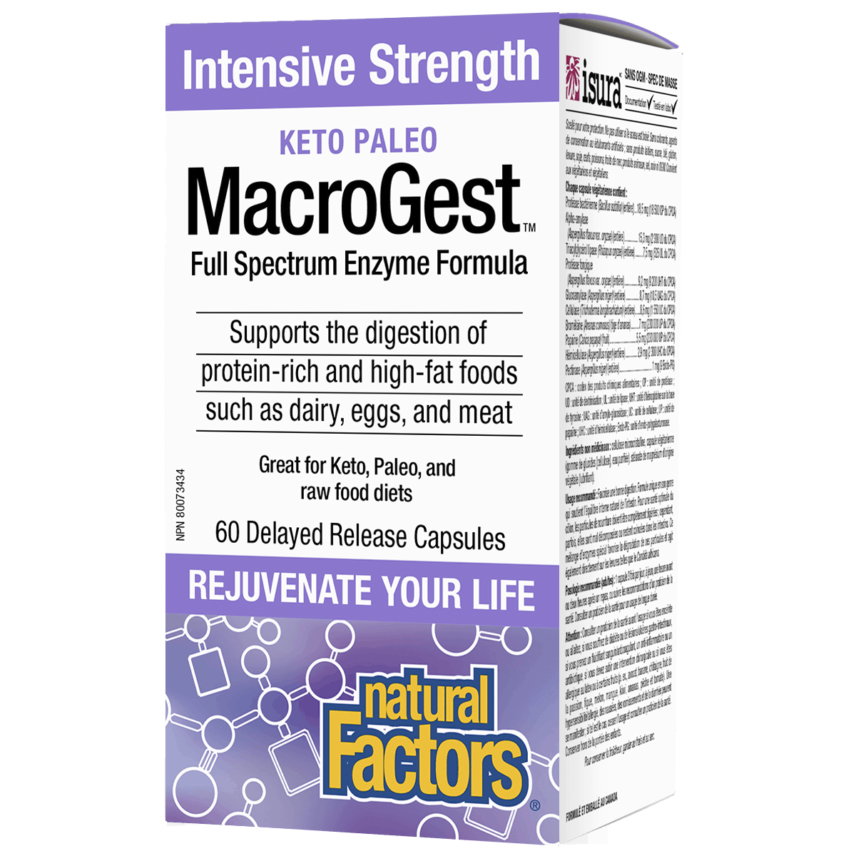 Box of MacroGest enzyme formula by Natural Factors on a white background