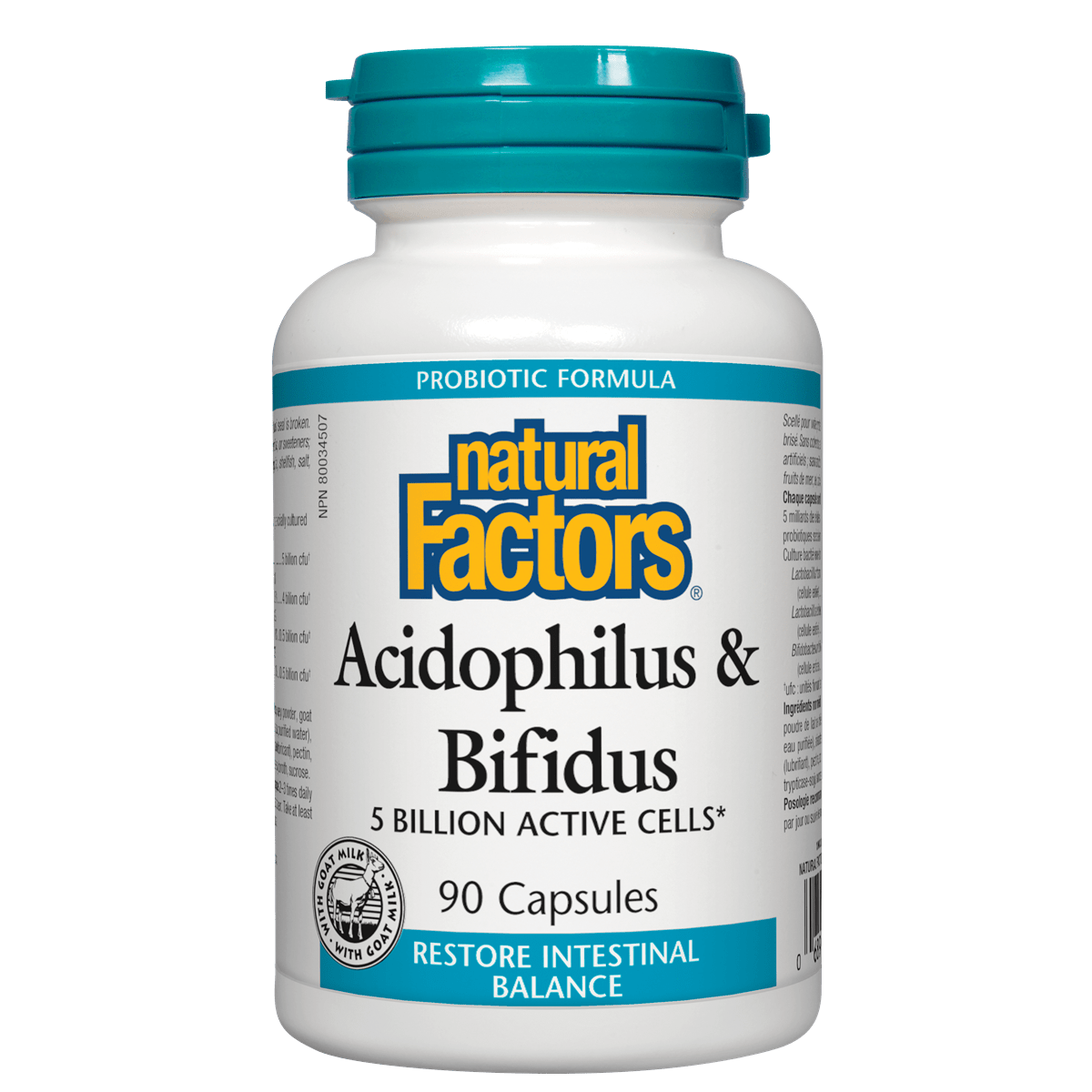 Bottle of Natural Factors Acidophilus & Bifidus supplement on a white background