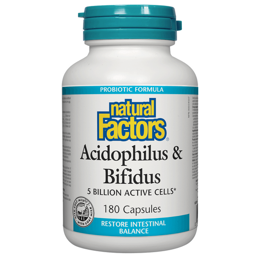 Natural Factors Acidophilus & Bifidus supplement bottle on a white background Canadian label natvd