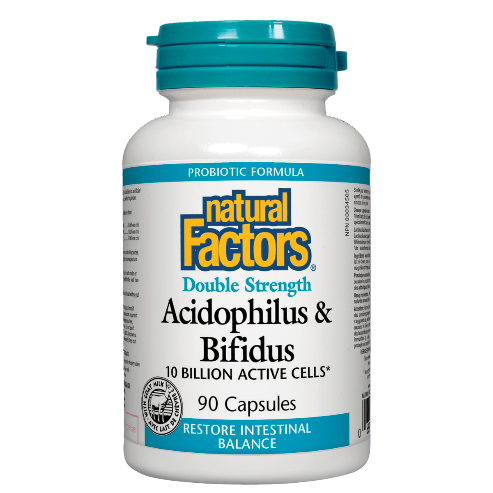 Bottle of Natural Factors Acidophilus & Bifidus supplement on a white background available online natvd.com Natural Vitamin Direct Inc Shop Canadian