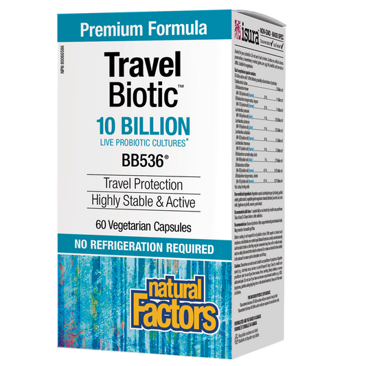 Box of Travel Biotic by Natural Factors on a white background Natural Vitamin Direct Inc Canada Mail Order