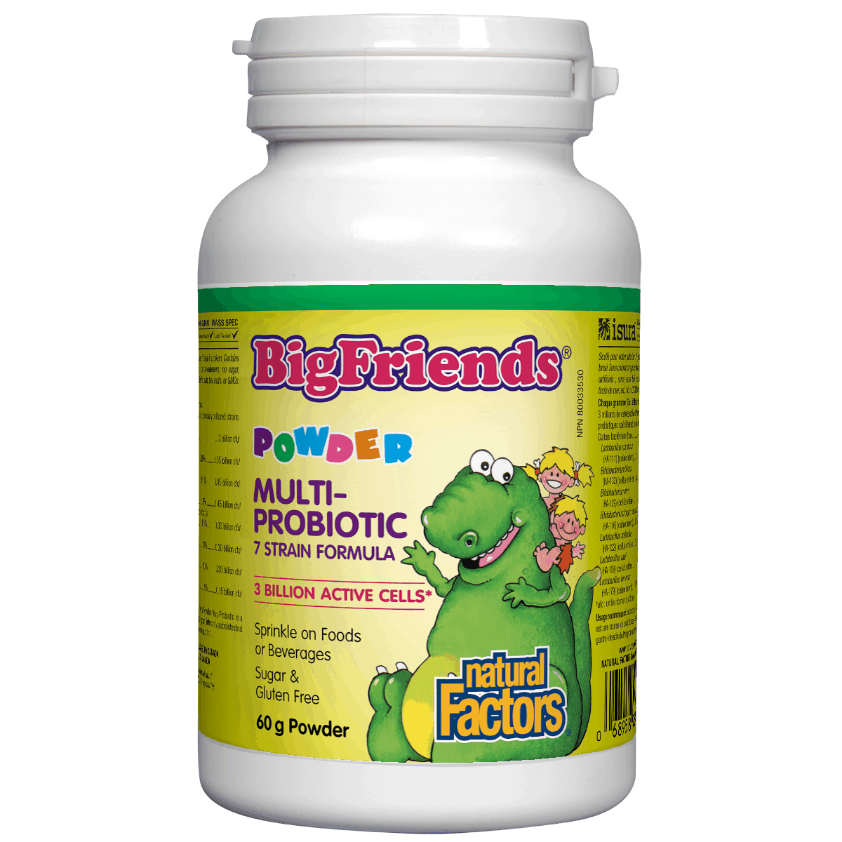 Big Friends Multi-Probiotic Powder container with a green dinosaur illustration on a white background