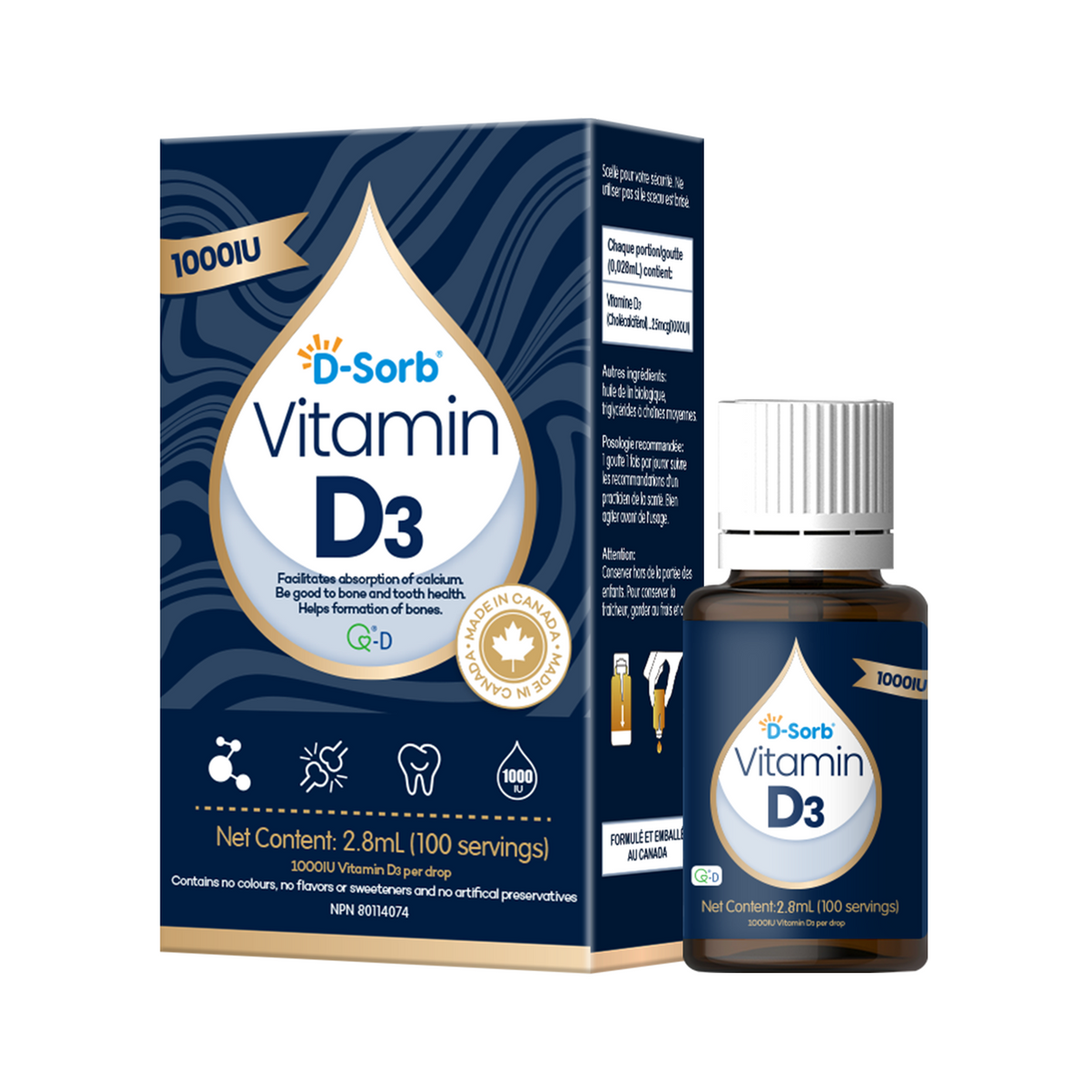 D-Sorb Vitamin D3 supplement packaging and bottle on a plain white background. The box is dark blue with a large white teardrop-shaped label area containing the text 'D-Sorb Vitamin D3' and additional product details.