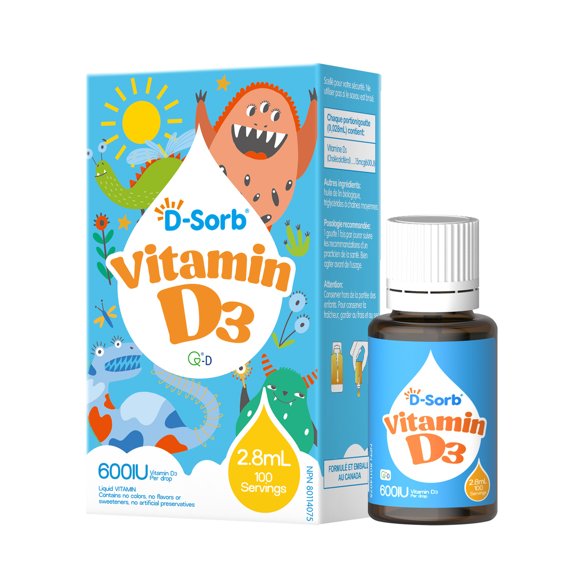 D-Sorb Vitamin D3 liquid supplement packaging and bottle. The box is bright blue with colorful cartoon illustrations of dinosaurs, a sun, and animals, alongside a large white droplet containing orange and yellow text.