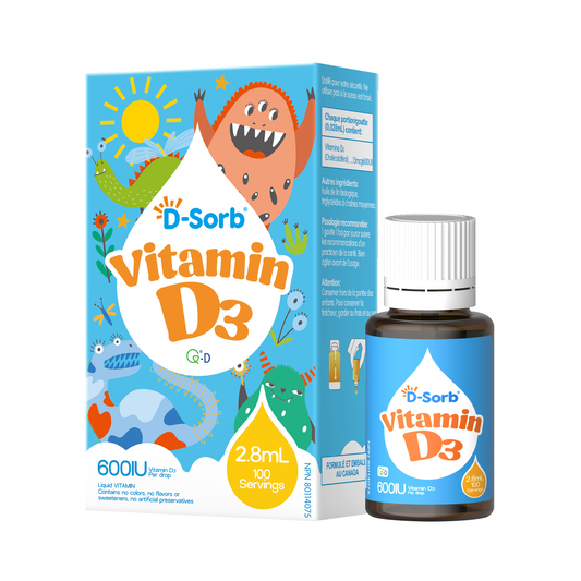 D-Sorb Vitamin D3 liquid supplement packaging and bottle. The box is bright blue with colorful cartoon illustrations of dinosaurs, a sun, and animals, alongside a large white droplet containing orange and yellow text.
