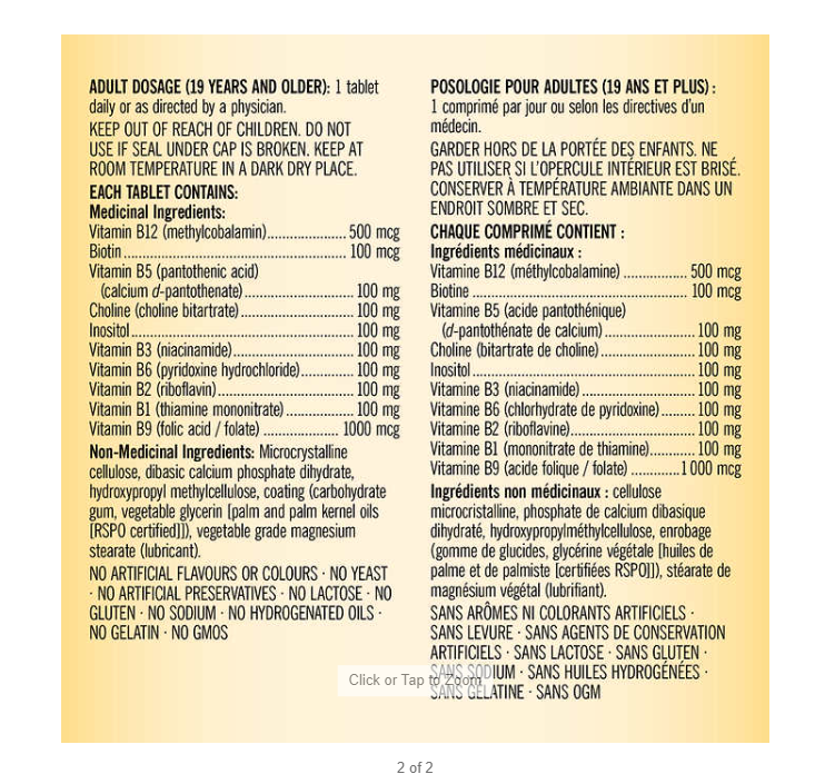 Kirkland Signature B100 Complex Tablets 300 tablets Canadian label information