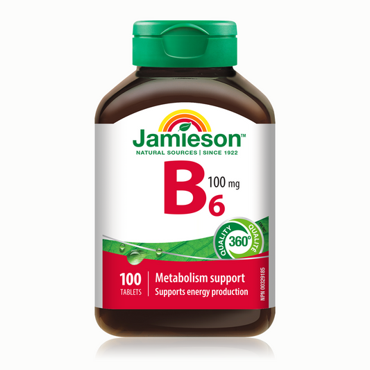 Jamieson B6 vitamin supplement bottle on a white background