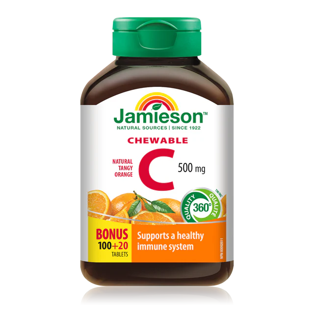 Jamieson Chewable C 500 mg supplement bottle on a white background natvd natural vitamin direct 