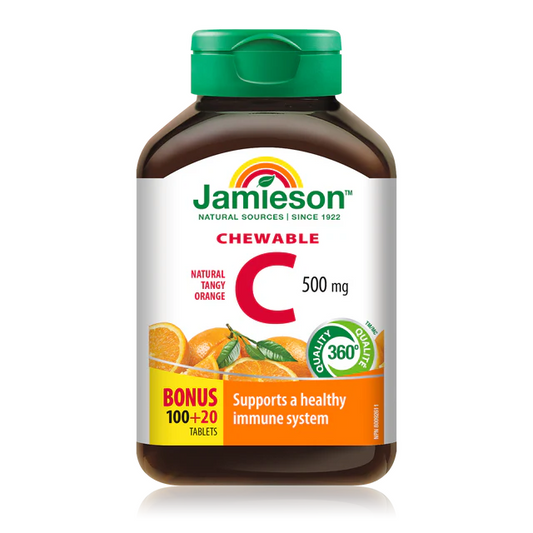 Jamieson Chewable C 500 mg supplement bottle on a white background natvd natural vitamin direct 