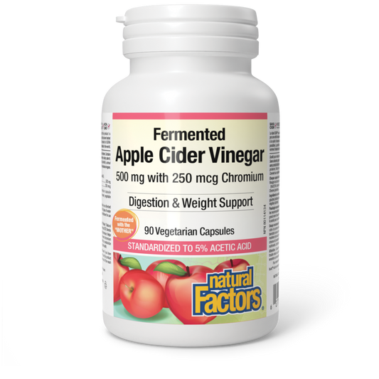 Bottle of Natural Factors Fermented Apple Cider Vinegar capsules on a white background