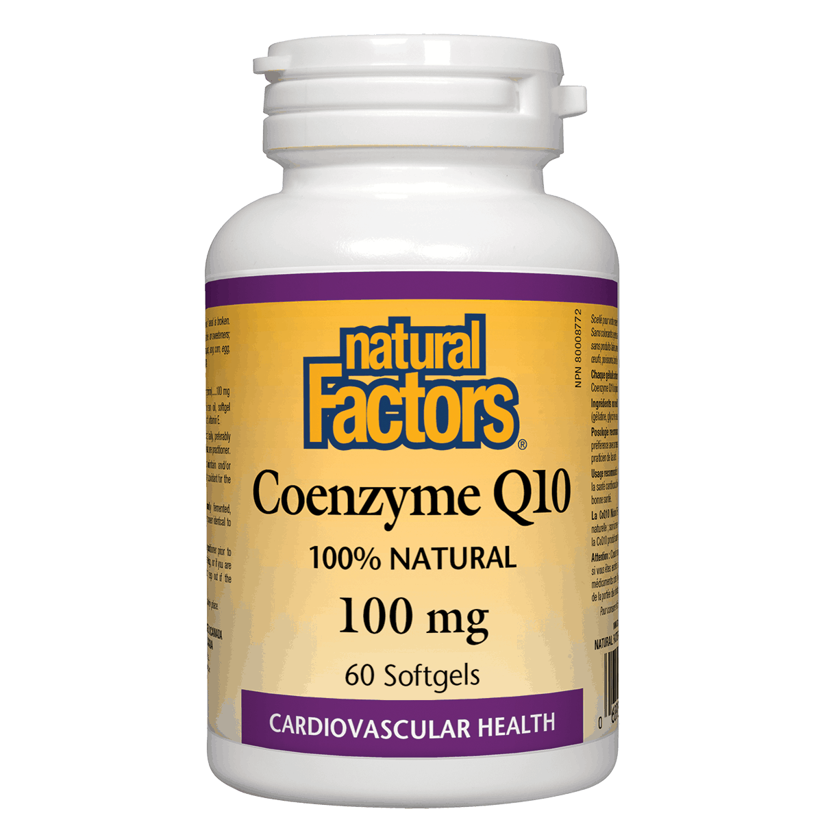 Bottle of Natural Factors Coenzyme Q10 supplement on a white background