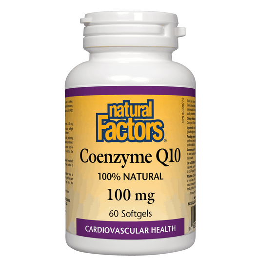 Bottle of Natural Factors Coenzyme Q10 supplement on a white background