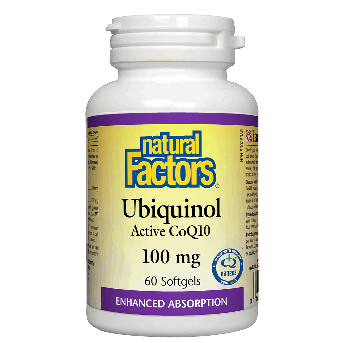 Natural Factors Ubiquinol Active CoQ10 supplement bottle on a white background available online natvd.com