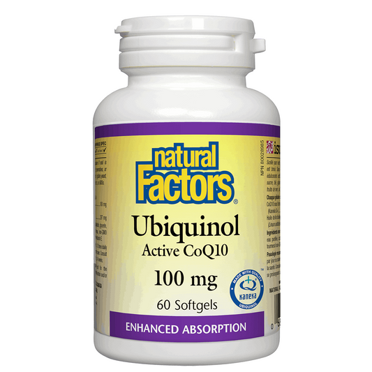 Natural Factors Ubiquinol Active CoQ10 supplement bottle on a white background available online natvd.com