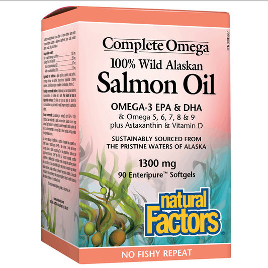 Box of Natural Factors Complete Omega Wild Alaskan Salmon Oil on a white background natvd Natural Vitamin Direct Shop Canadian