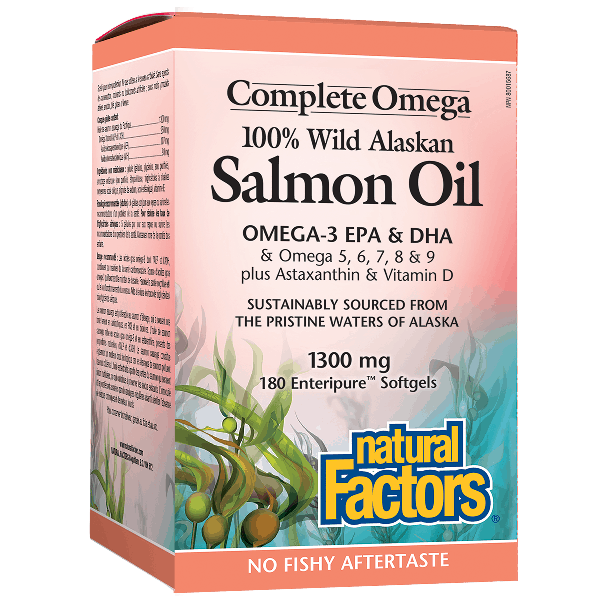 Box of Natural Factors Complete Omega Salmon Oil with salmon and algae illustration on a white background natvd