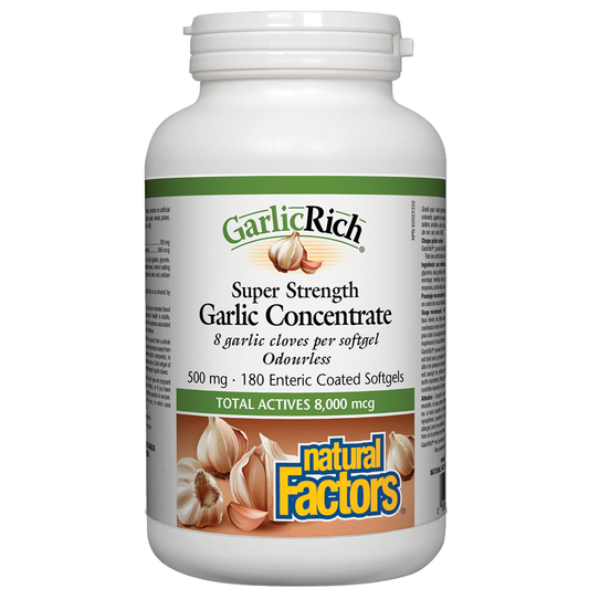 Garlic supplement bottle labeled 'Garlic Rich' by 'Natural Factors' on a white background natural vitamin direct inc canada natvd.com
