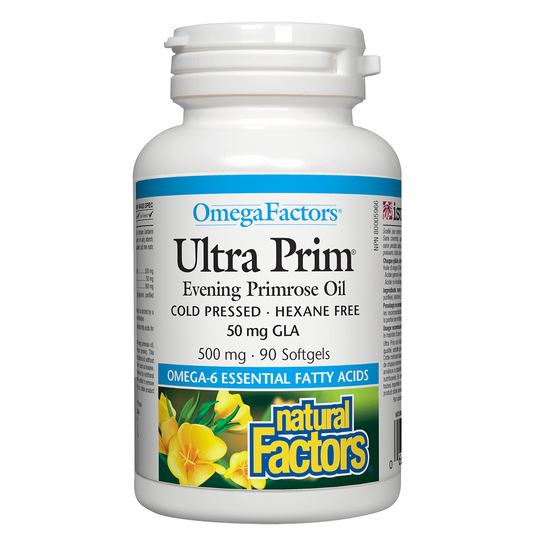 Omega Factors Ultra Prim Evening Primrose Oil bottle on a white background