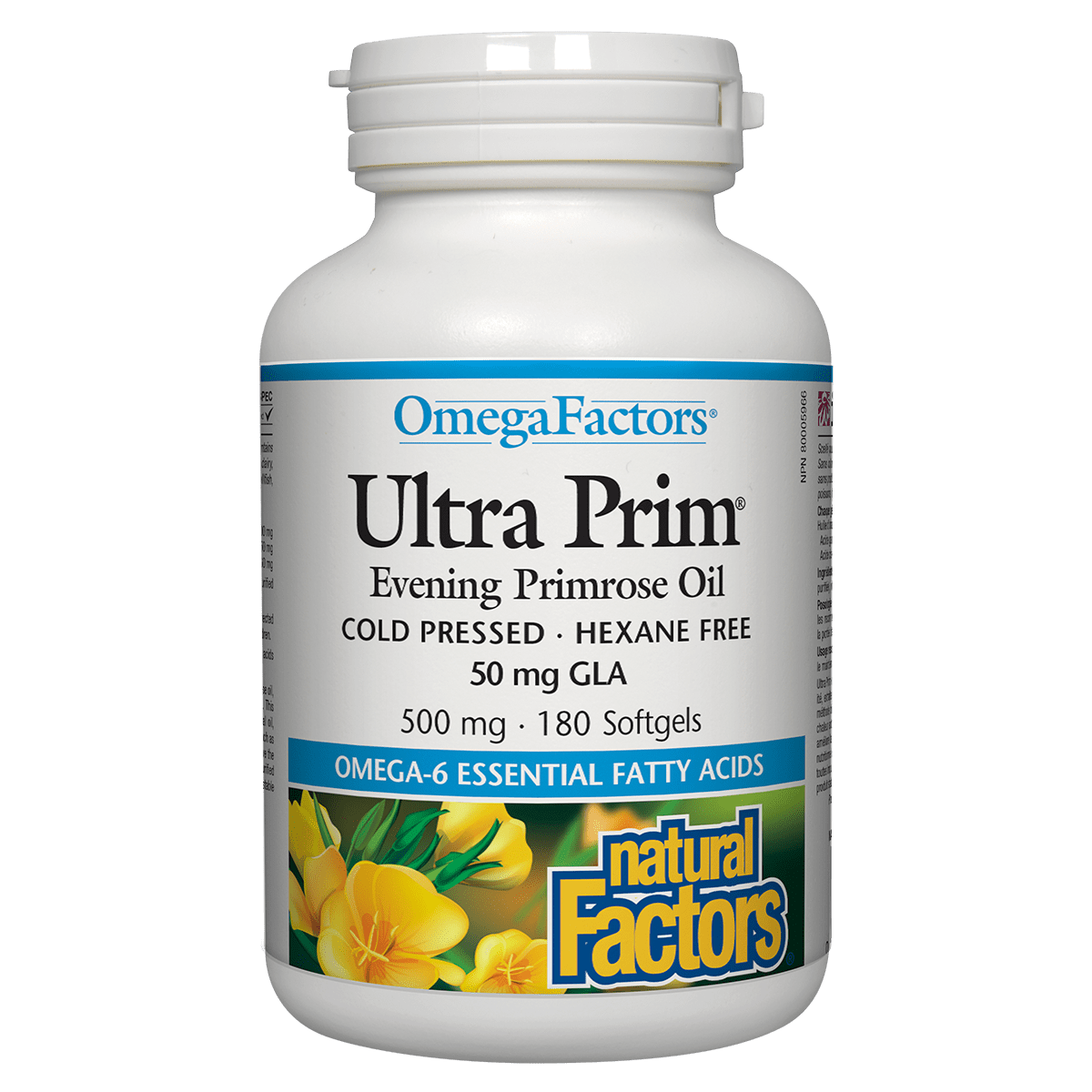 OmegaFactors Ultra Prim Evening Primrose Oil bottle on a white background Natural Vitamin Direct Inc