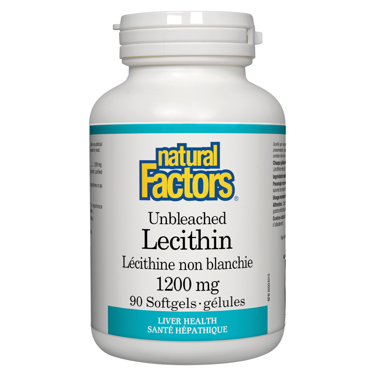 White supplement bottle labeled 'Natural Factors Unbleached Lecithin' on a white background Natural Vitamin Direct Inc natvd.com Shop Canadian