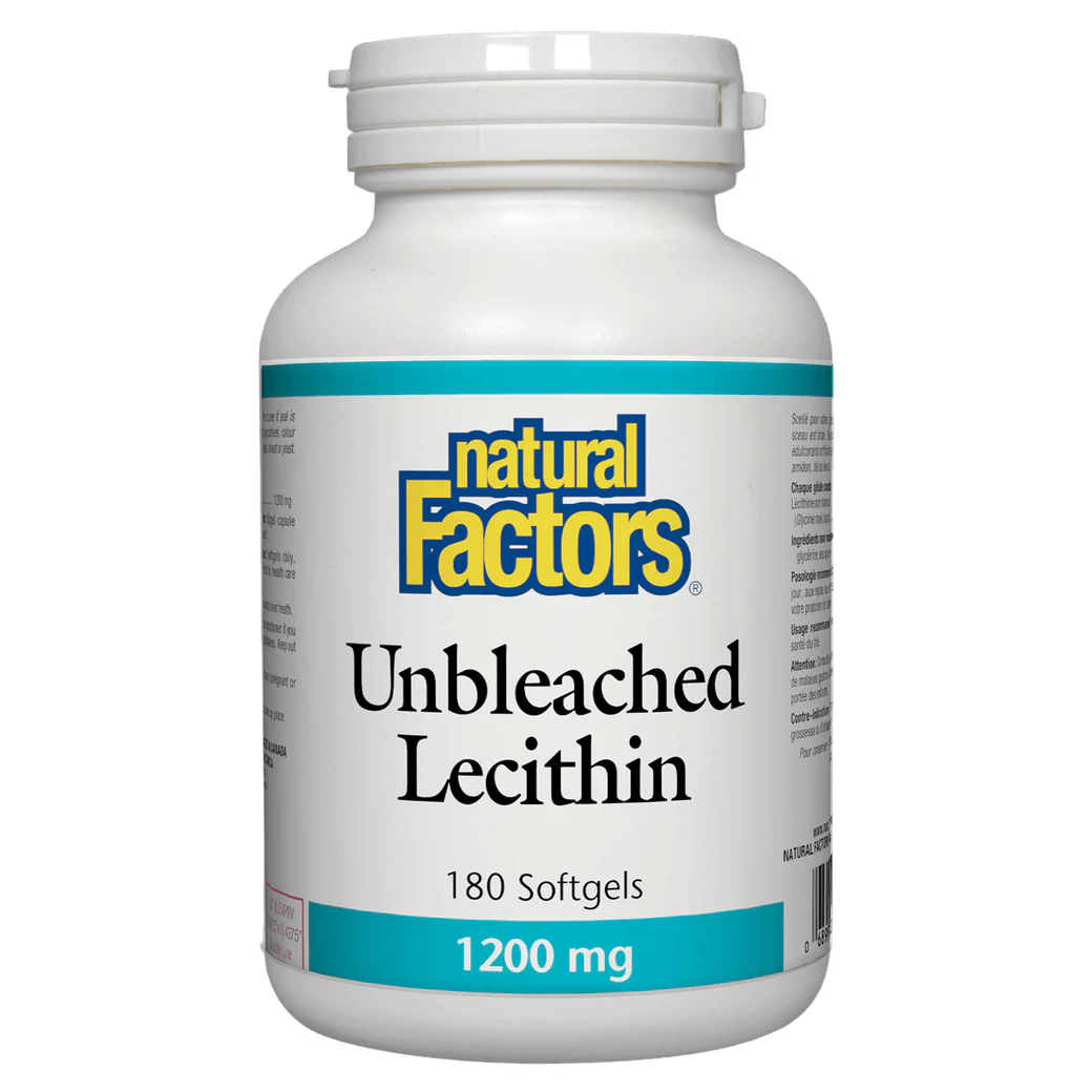 Bottle of Natural Factors Unbleached Lecithin on a white background