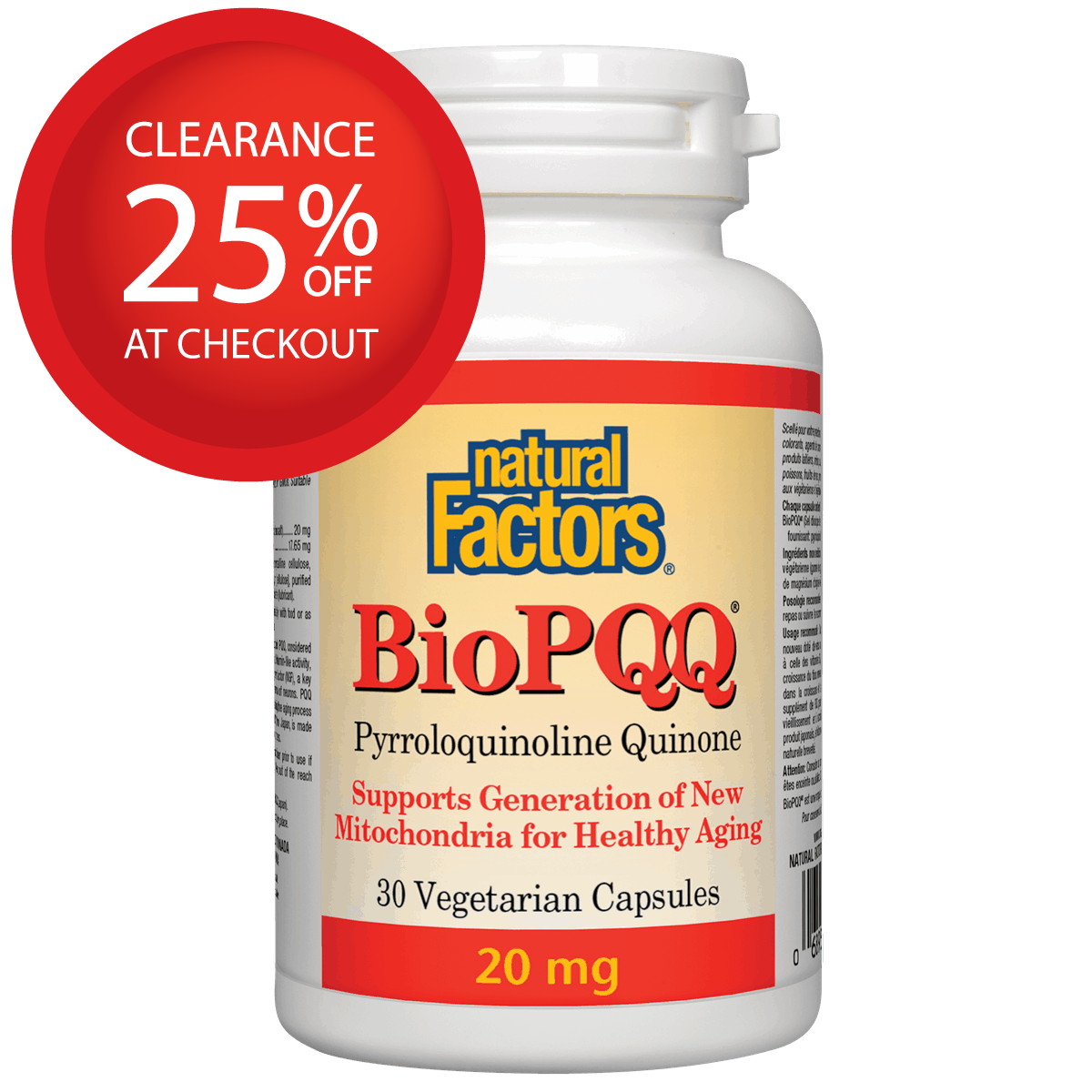 【clearance】Natural Factors BioPQQ Pyrroloquinoline Quinone 20 mg 30 veg capsules Exp: Jul 2027