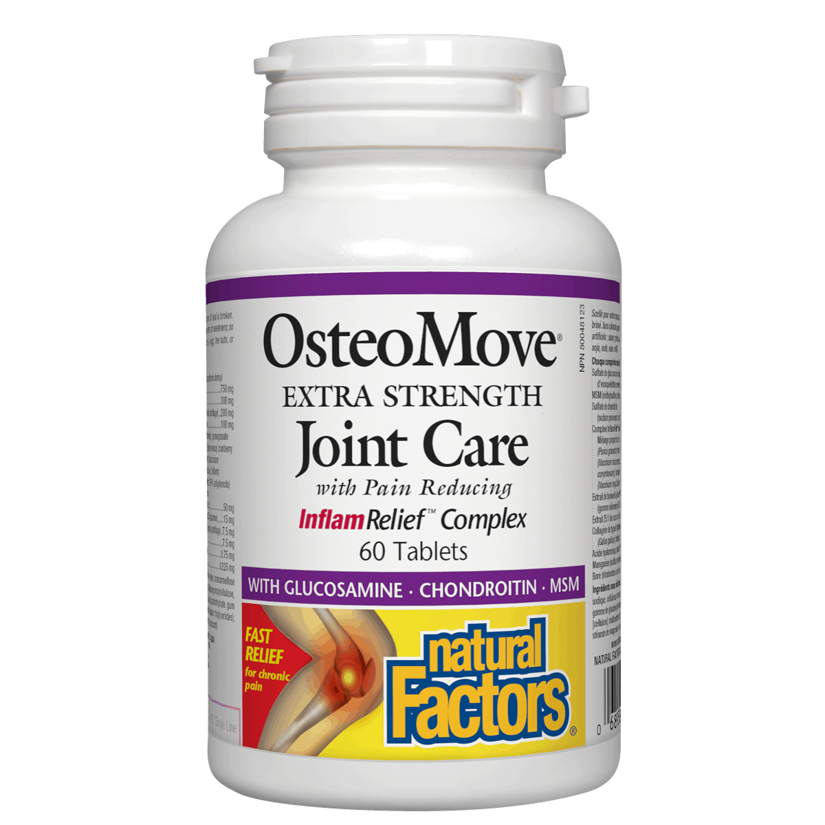 Bottle of OsteoMove Extra Strength Joint Care supplement with Natural Factors branding on a white background