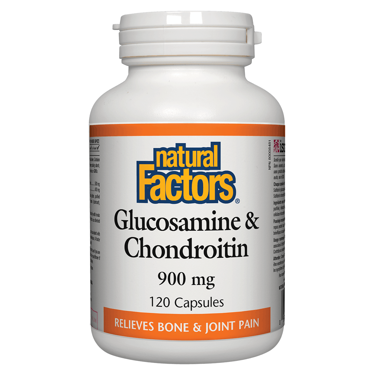 Bottle of Natural Factors Glucosamine & Chondroitin supplement on a white background natvd_com
