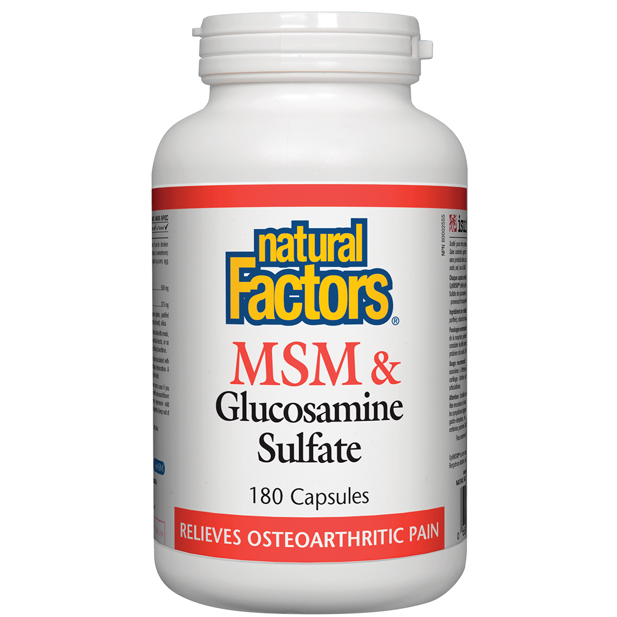 Bottle of Natural Factors MSM & Glucosamine Sulfate capsules on a white background