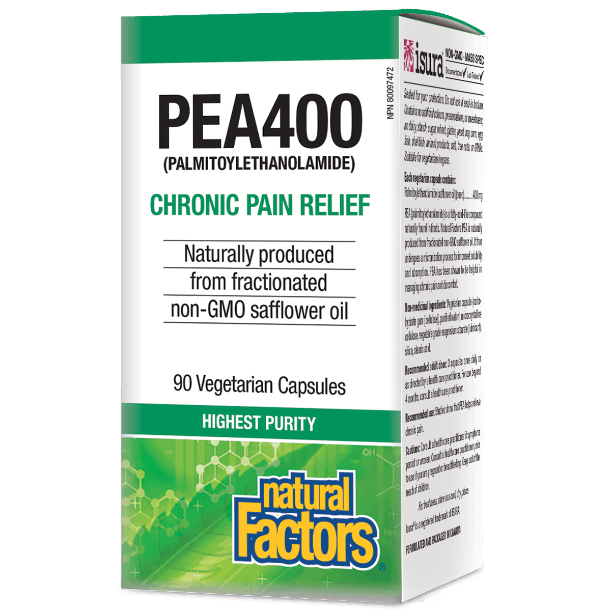 Box of Natural Factors PEA400 for chronic pain relief on a white background Natural Vitamin Direct Inc Shop Canadian since 1997