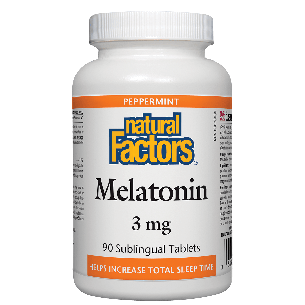 Bottle of Natural Factors Melatonin 3 mg tablets on a white background Natural Vitamin Direct Inc Shop Canadian since 1997