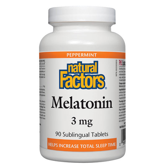 Bottle of Natural Factors Melatonin 3 mg tablets on a white background Natural Vitamin Direct Inc Shop Canadian since 1997