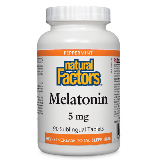 Bottle of Natural Factors Melatonin 5 mg sublingual tablets on a white background Natural Vitamin Direct Inc Shop Canadian since 1997
