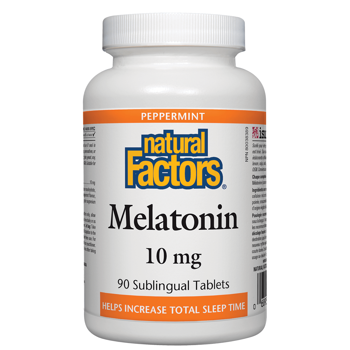 Bottle of Natural Factors Melatonin 10 mg tablets on a white background