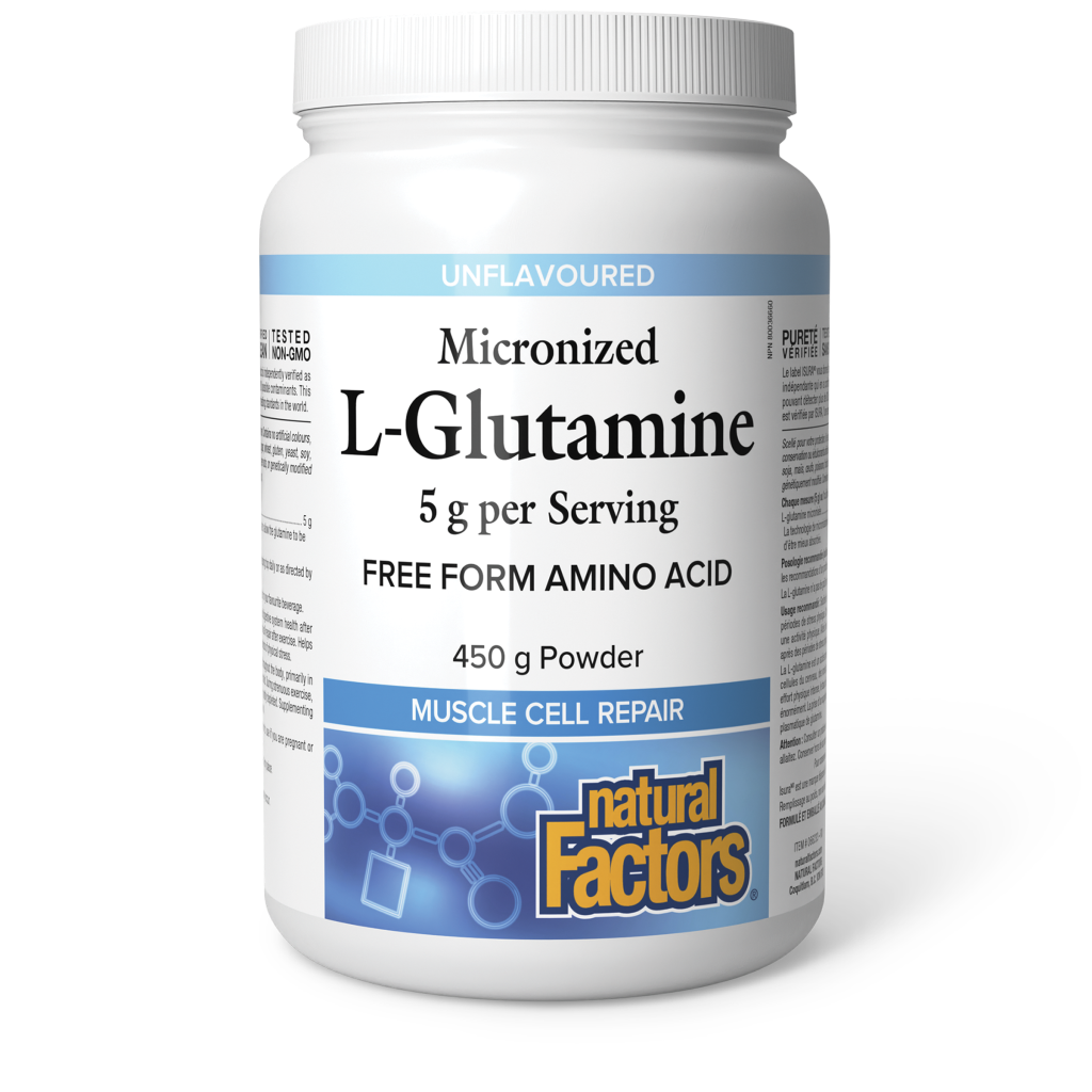Container of L-Glutamine powder by Natural Factors on a white background