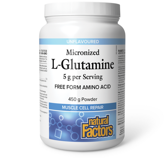 Container of L-Glutamine powder by Natural Factors on a white background