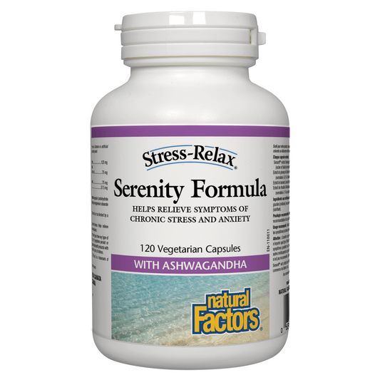 Bottle of Stress-Relax Serenity Formula with Ashwagandha by Natural Factors on a white background Natural Vitamin Direct Inc Shop Canadian since 1997