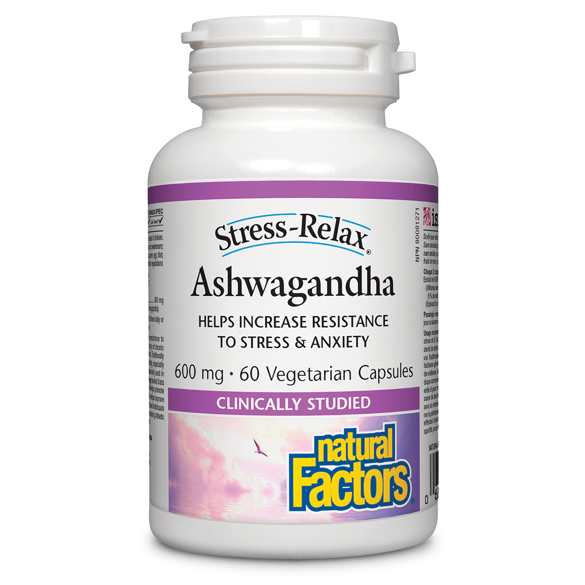 Bottle of Stress-Relax Ashwagandha supplement with Natural Factors branding on a white background Natvd