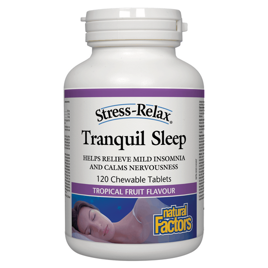 Bottle of Stress-Relax Tranquil Sleep supplement on a white background Natural Vitamin Direct Inc Shop Canadian since 1997