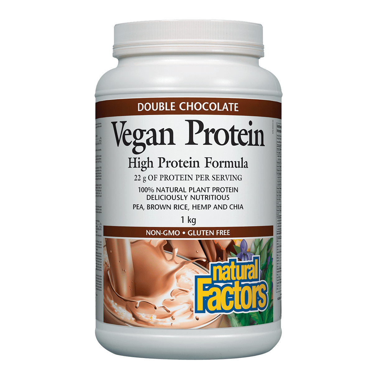 Vegan protein powder container with 'Natural Factors' branding on a white background