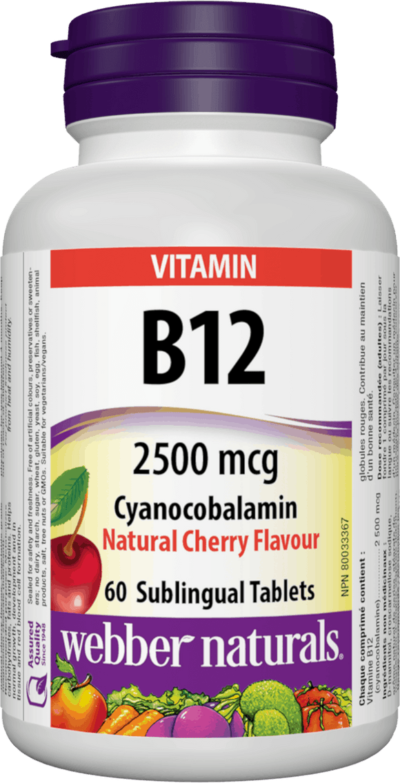 【clearance】Webber Naturals Vitamin B12, 2500 mcg Sublingual (Natural Cherry Flavour), 60 Tabs EXP: 03/2025