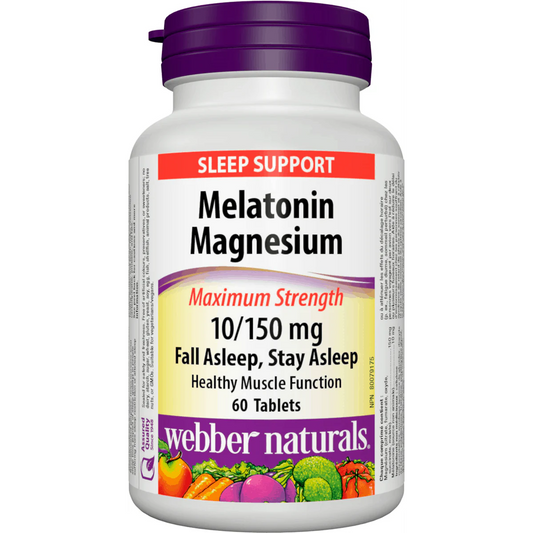 Bottle of Melatonin Magnesium supplement with purple cap on a white background