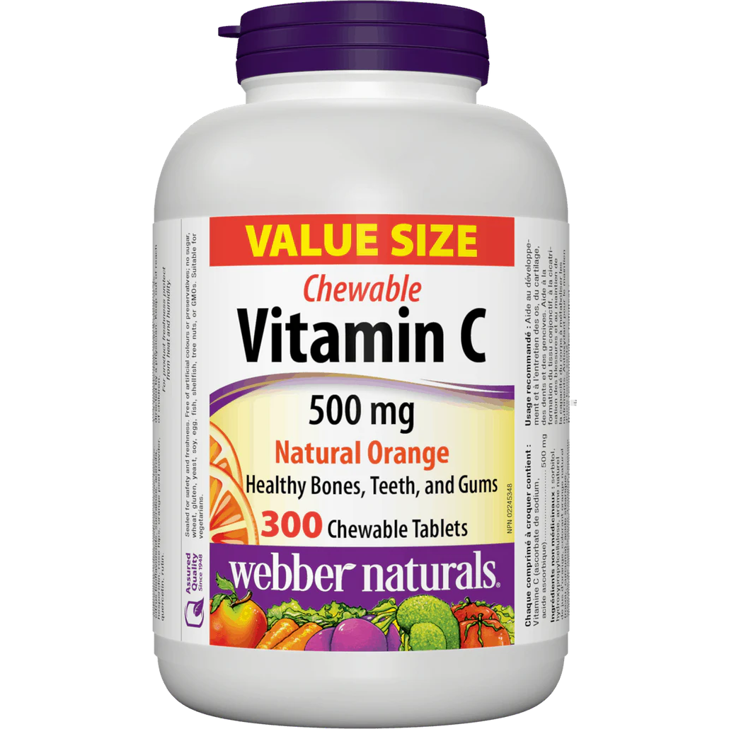 Webber Naturals Vitamin C 500 mg chewable supplement bottle on a white background natvd.com Canada