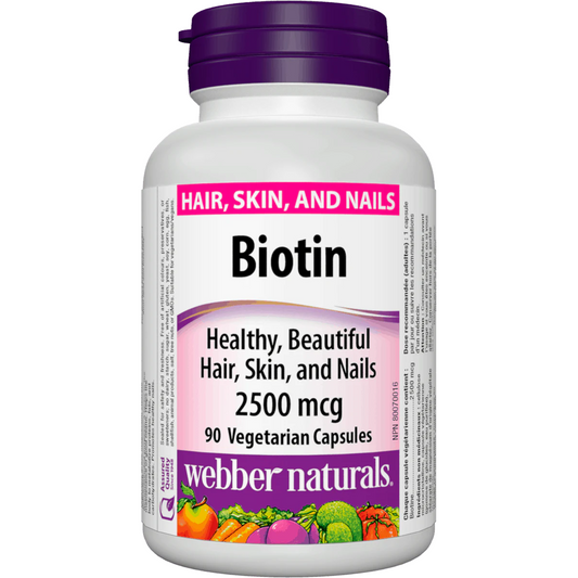 Biotin supplement bottle with purple cap and label on a white background
