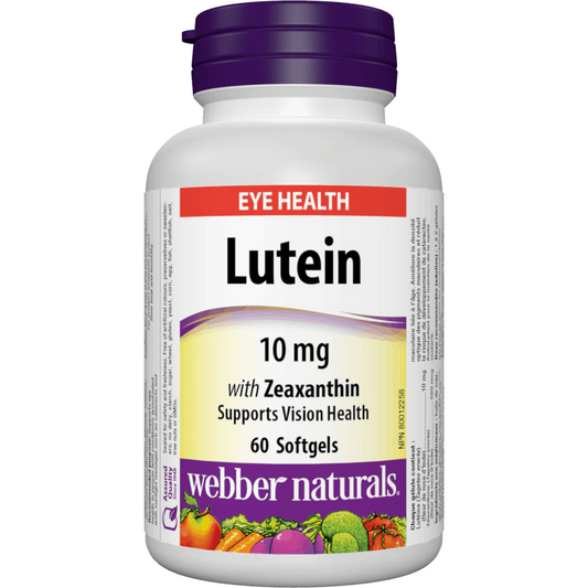 Bottle of Webber Naturals Lutein supplement on a white background