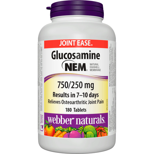 Bottle of Glucosamine supplement with NEM label on a white background