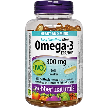 Omega-3 supplement bottle with purple cap and label on a white background