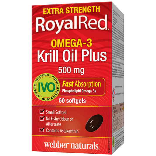 Box of RoyalRed Omega-3 Krill Oil Plus supplement with red and white design.
