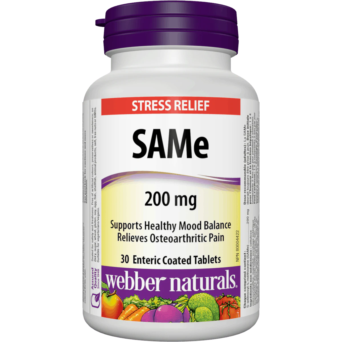 Bottle of Webber Naturals SAMe supplement with purple cap on a white background