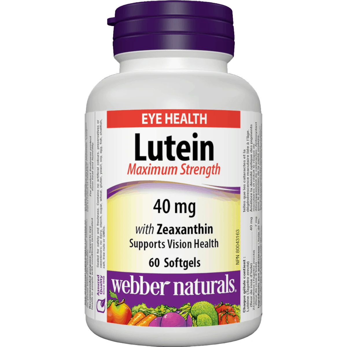Bottle of Webber Naturals Lutein supplement on a white background